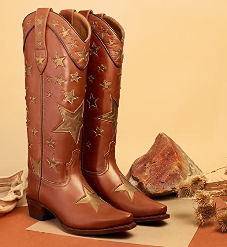 Image of YIYA Women's Star Cowboy Boots Black and White Cowgirl Boots with White Stars Pointed Toe Chunky Low Heel Pull-On Wide Calf Western Embroidered Boots