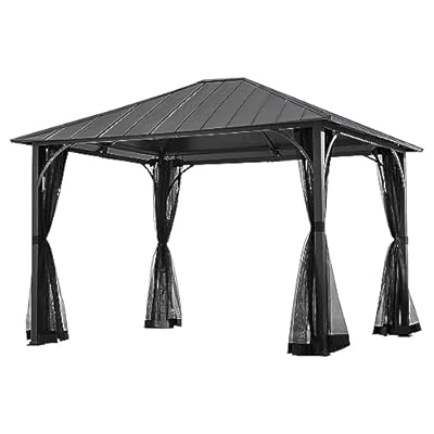 Sunjoy 11 x 13 Foot Hildreth Screened Gazebo Outdoor Canopy Tent Backyard Patio Shaded Shelter with Steel Roof Top and Stable Aluminum Posts, Black