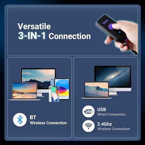 Image of Tera Barcode Scanner Mini 1D Wireless: 3-in-1 Works with Bluetooth 2.4G USB Wired Portable Laser Bar Code Reader Pocket Size for Windows Android iOS Tablets Computers 1100L Purple