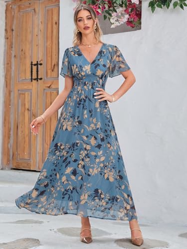 Image of Simplee Women's Boho Floral Maxi Dress Flowy Casual V Neck Short Sleeve Wedding Guest Holiday Beach Long Dress