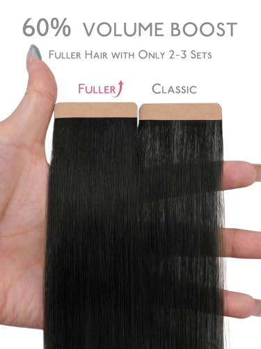 Image of WENNALIFE Fuller Tape in Hair Extensions Human Hair, 22 inch 20pcs 80g Jet Black Remy Hair Straight Tape in Extensions Skin Weft Tape Ins Extensiones De Cabello Humano
