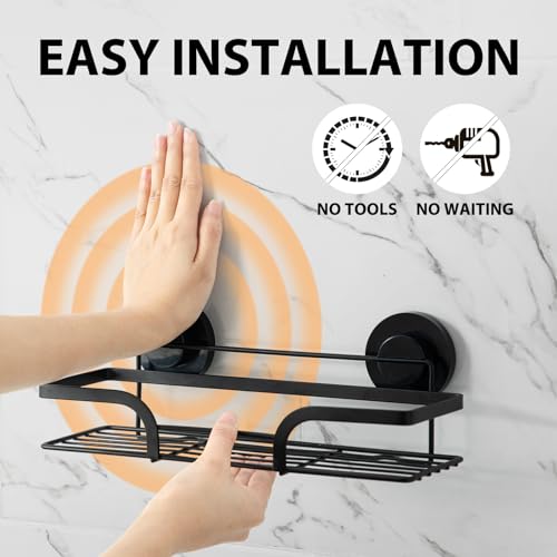 Image of LEVERLOC 2 Pack Shower Caddy Suction Cup, Shower Shelves for Inside | Rustproof Bathroom Storage, NO Drill Bathroom Organizer, Heavy Duty Storage Basket, Black Shower Caddies, Metal Shower Shelf