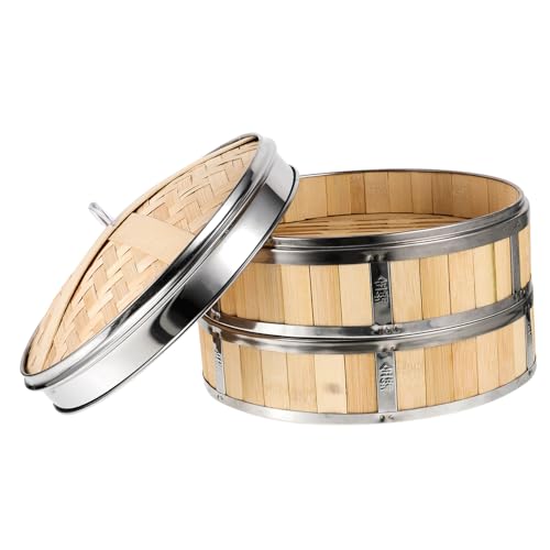 POPETPOP 竹製蒸し器 せいろ蒸し器 段 中華点心用 蒸篭 蓋付き 野菜 餃子 饅頭調理に 健康調理向け 耐久性 家用 業務用 ランダ ランダムカラー