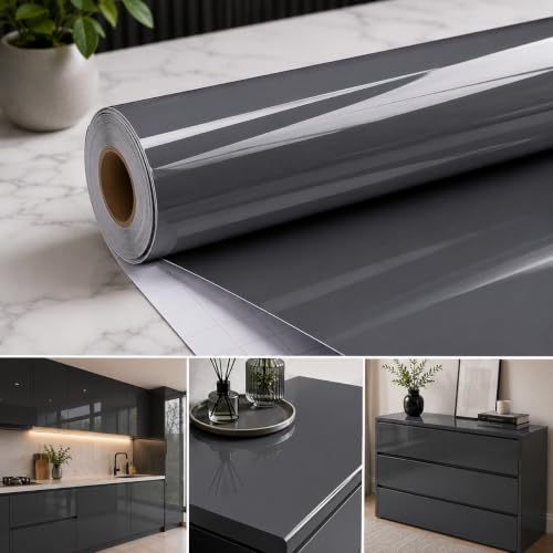 Image of Vinyl Contact Paper Decorative for Cabinets Countertops Kitchen Shelves Liner Self Adhesive Film Peel and Stick Waterproof Removable Wallpaper (Inches 24 x 300, Glossy Grey)