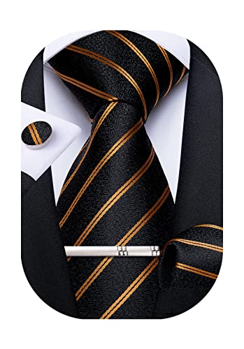 Image of DiBanGu Mens Striped Tie Silk Woven Necktie and Pocket Square Cufflinks Tie Clip Set Wedding Business Formal Gift Tie for Men