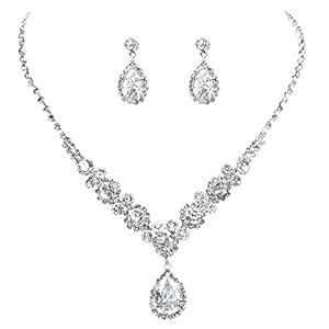COCIDE Bride Jewelry Set Silver Crystal Wedding Necklace Earrings Bridal Rhinestone Teardrop Pendant Accessories for Women and Bridesmaids (3 piece set – 2 earrings and 1 necklace)