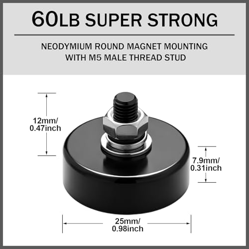 Image of Flutesan 4 Pieces Heavy Duty Round Mounting Magnet with Bolt 0.98in-60lb-M5 Black with Male Thread Stud Strong Earth Magnet Super Powerful for Lighting Camera Brackets License Plate