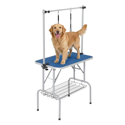 VINGLI Dog Grooming Table Adjustable Cat Grooming Desktop with Arms and Storage Basket Pet Grooming Stand at Home (Blue 32 inch)