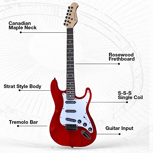 Red Electric Guitar Beginner Kit Full Size 39 Inch Set Includes Tremolo Guitar, 20W Amplifier 3 Picks, Shoulder Strap, Tuner, Bag Case #TOP1