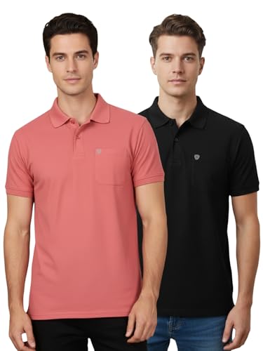 Image of Lux Cozi Men's Cotton Blend Polo T-Shirt with Chest Pocket | Collar T-Shirts for Men | Half Sleeves | Plain - Regular Fit (Pack of 2)