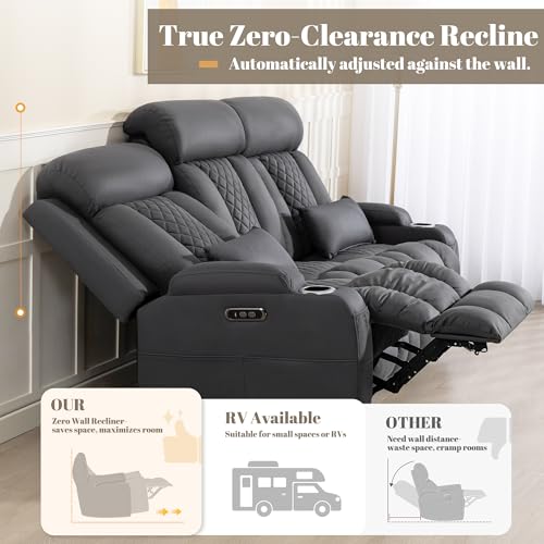 Image of Zero Wall Hugger Power Reclining Sofa Set with Adjustable Headrest, Electric Reclining Couch with Drop-Down Table,Outlets, Power Loveseat Recliner Sofa for Living Room (Gray, Sofa+Loveseat)
