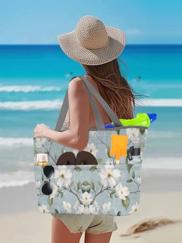 Beach Bags Women Mesh Tote Bag Summer White Gardenia Leaf Toy Grocery Pool Bag with Pockets for Travel/Picnic/Shower3
