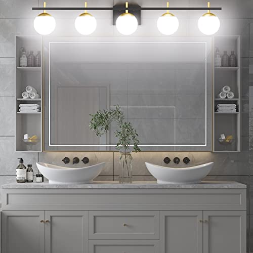 Image of Ralbay Mid Century Modern Bathroom Vanity Light Fixture 5 Light Milky Glass Globe Modern Bathroom Light Fixture Over Mirror, Black /Golden 5 Light