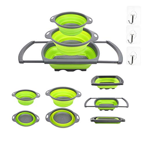 RAIN QUEEN Passoire Rétractable Passoire Pliable à Poser au-Dessus du Lavabo 3Pcs Silicone pour Fruits et Légumes, Passoire avec Poignées Extensibles et 3pcs Crochets Transparent Adhésif