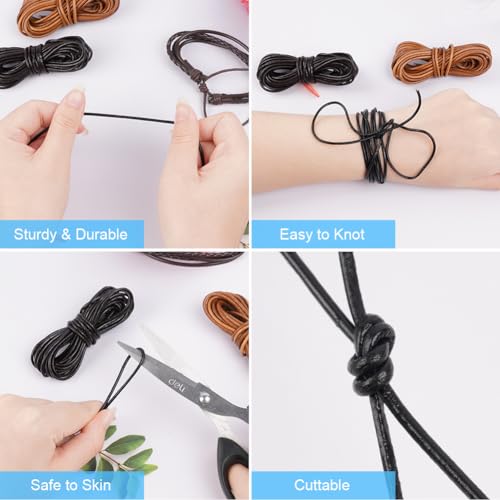 AUAUY 3 Rollen 5M x 2mm Lederschnur Lederstil-Band aus echt Leder, Gute Qualität Lederband Kette, Robust Lederriemen, Reißfeste Lederschnur für Armband Ketten Schmuck DIY Handwerk-Schwarz,Braun,Natur