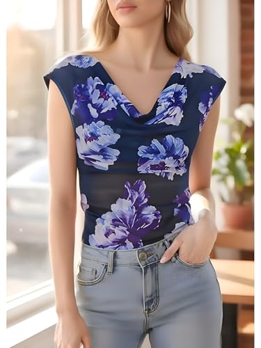 GERT COREL Women's Cowl Neck Sleeveless Top 2026 Sleeveless Ruched Floral Printed Shirts Summer Tank Tops - image 3