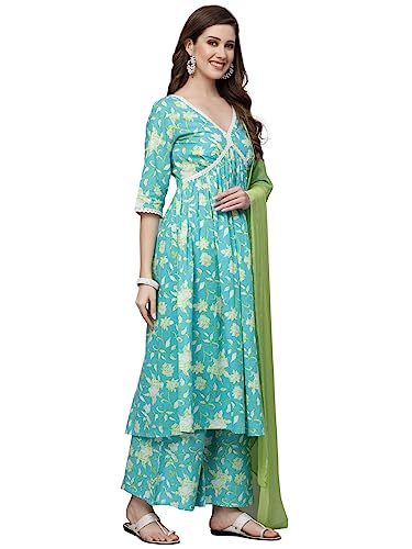 Image of Stylum Women's Floral Printed Cotton Pleated Kurta Palazzo Dupatta Set