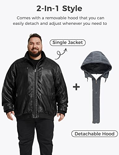 wantdo Men's Big and Tall PU Faux Leather Jacket Zip-Up Motorcycle Bomer Jacket Casual Winter Coat with Removable Hood4