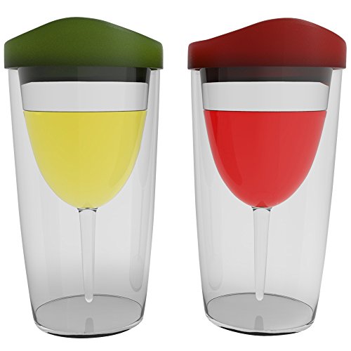 Wineova Plastic Wine Glasses with Lid, 10 Ounze, Set of 2, with Red and Green Drink-through Lid