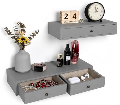 Image of Wood Floating Wall Mounted Drawers on a Floating Shelves with Drawers for Bedrooms, Living Rooms, and Displays Two Vintage Bedside Shelves (Pine) Wood (Grey)