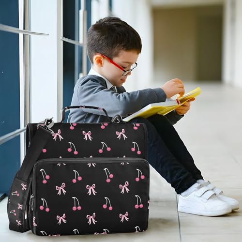 Image of Black Pink Bow Cherry Zipper Binder Bag 3 Ring Binder with Shoulder Strap Zip Up 500 Sheets Capacity Multi Pockets for School Office Supplies