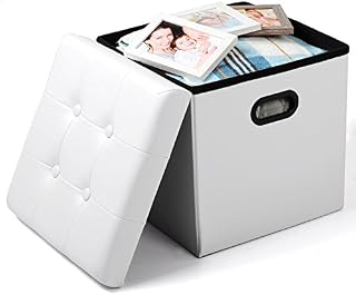 eSituro Ottoman Storage Square Chest Padded Footstool Linen Foldable Pouffe Chair White Bed End Bench Shoe Bench Children Toy Box Stool Milking Stool