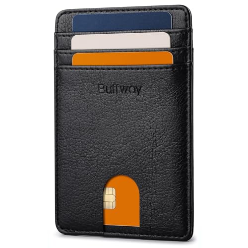 Image of Buffway Mens Slim Wallet, Minimalist Thin Front Pocket Leather Credit Card Holder with RFID Blocking for Work Travel | Minimalist