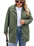Vaimti Women's Military Utility Jacket, Olive Green Cotton, Button Front Closure, Casual Field Style (US, Alpha, 2X, Plus, Regular, green)