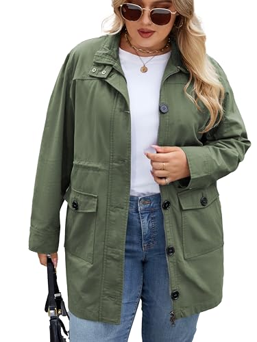 Vaimti Women's Military Utility Jacket, Olive Green Cotton, Button Front Closure, Casual Field Style (US, Alpha, 1X, Plus, Regular, green)