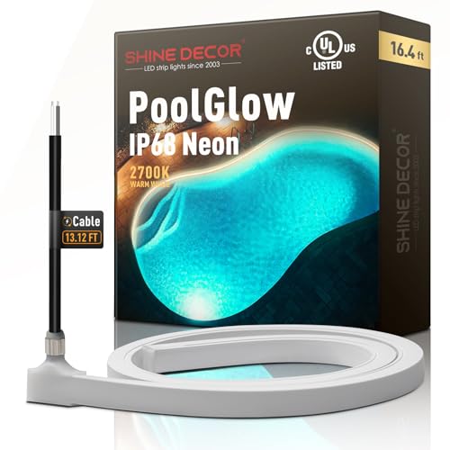 Shine Decor IP68 Waterproof LED Strip Light, 24V Pool Rated Submersible Silicone Neon, Underwater Outdoor LED Rope Light for Pool Fountain Waterfall Bathtub, 16x16mm, Warm White, 16.4FT