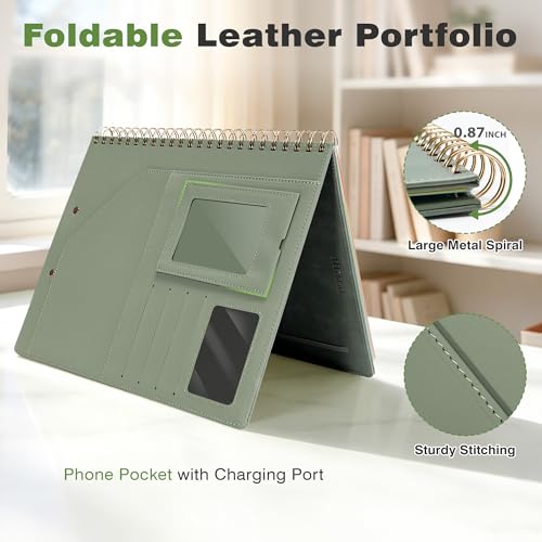 Image of Clipboard with Storage for Men Women, Leather Padfolio Portfolio Organizer 5 Folders with 10 Pockets, Spiral Clipboard Folio with Notepad for Letter Size, Elastic Closure and Pen Loop Sage Green