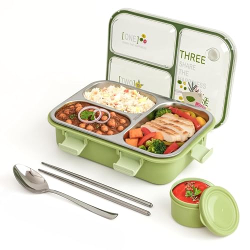 Image of Clazkit Lunch Box 3 Compartment Leak-Proof BPA Free Stainless Steel, Lunch Box for Kids, Lunch Box for School & Office with Spoon -Purple