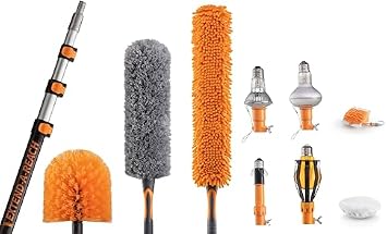 20 Foot High Reach Duster Kit with 4-12 ft Extension Pole & Light Bulb Changer Attachment Kit // Cobweb Duster, Feather Duster & Fan Duster // Suction Cup, Light Bulb Remover, Microfiber and Basket