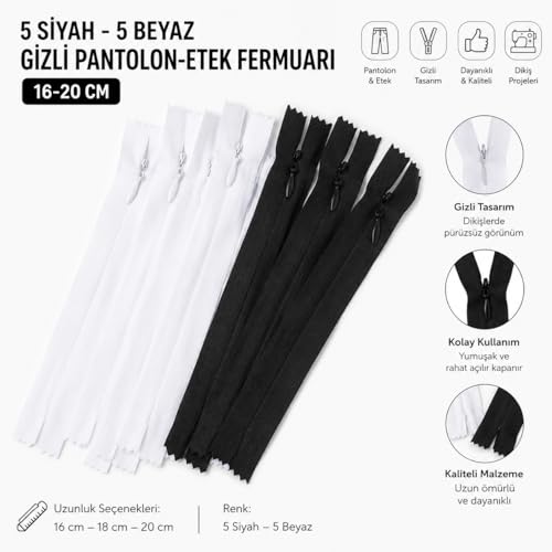 5 Siyah-5 Beyaz Gizli Pantolon-Etek Fermuarı (16-20 Cm)
