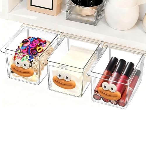 3 Pack Under Desk Storage Drawer,Self-Adhesive Slide-Out Organizer Box,Under Table Shelf Hidden Pull-Out Cabinet,Space-Saving Tray for Office Kitchen Bathroom