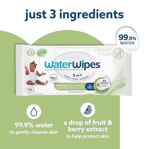 waterwipes sensitive baby amp toddler wipes 3-in-1 cleans cares protects 999 water textured clean unscented amp hypoallergenic 720 count 12 packs