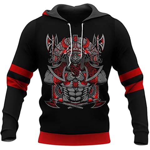 Viking Men's Hoodie 3D Print Norse Mythology Tattoo Long Sleeves Kangaroo Pocket Odin Pullover Pagan Gifts,Jormungandr Red,XL Cover
