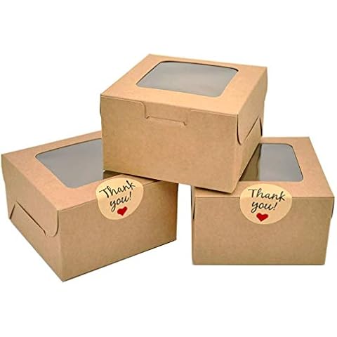 LINSHRY 50 Pack Brown Bakery Boxes, 4x4x2.5 Inches Small Pastry Treat Boxes with Window Gift Packaging Boxes for Cookies, Pastries, Mini Cakes, Donut, Pie Slice, Stickers Included Cover