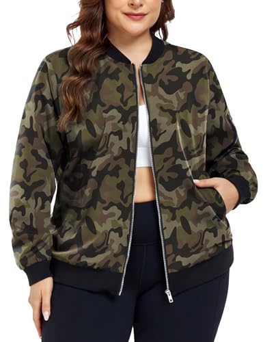 FOREYOND Plus Size Camo Jacket for Women Cropped Bomber Flight Jackets Lightweight Casual Zip Up Coats Fall Outwear 3XL