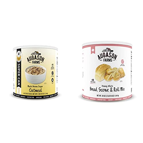 Augason Farms 5-10133 Maple Brown Sugar Oatmeal Super Can Food Storage, 10 Can with 4 Individual Pouches & Honey White Bread Scone & Roll Mix Emergency Food Storage #10 Can