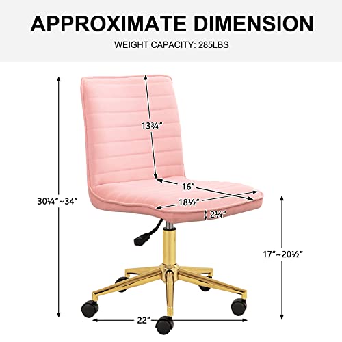 Furnimart Modern Armless Desk Chair Task Chair Pink Cute Vanity Velvet Upholstered Office Chair Teen Girl Desk Chair Mid-Back Home Office Chair Swivel Adjustable Small Chair Soft Seat (Velvet-Pink) #TOP2