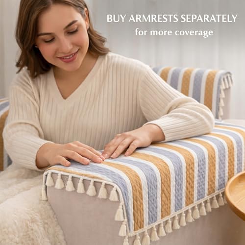 Image of STITCHNEST Quilted Velvet Sofa Cover with Tassels - 48x60 Inch, Mustard & Grey Striped Design, Soft & Stylish, Washable Sofa Protector for 2-Seater