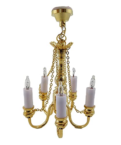 Dollhouse Gold 5 Arm Candle Chandelier Brass 12V Electric Ceiling