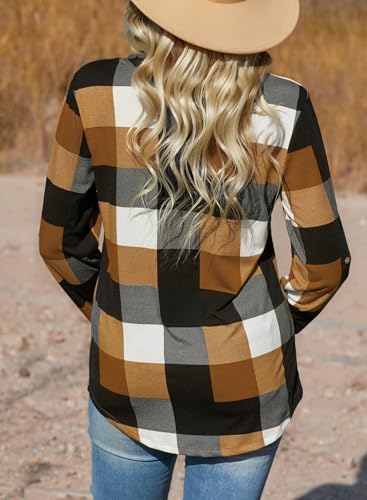 Image of Dokotoo Womens Tops Plaid Cotton Cuffed 3 /4 Sleeve Shirts Blouses