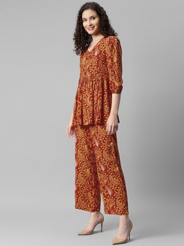 Image of DEEBACO Women's Paisley Print Rayon Top & Pants Co Ord Set For Women V Neck 3 /4 Puff Sleeve Ladies Party Casual Wear Fashionable For Girls Loose Fit Cord Set (DBCOMR00000988 XXL Multicolor)