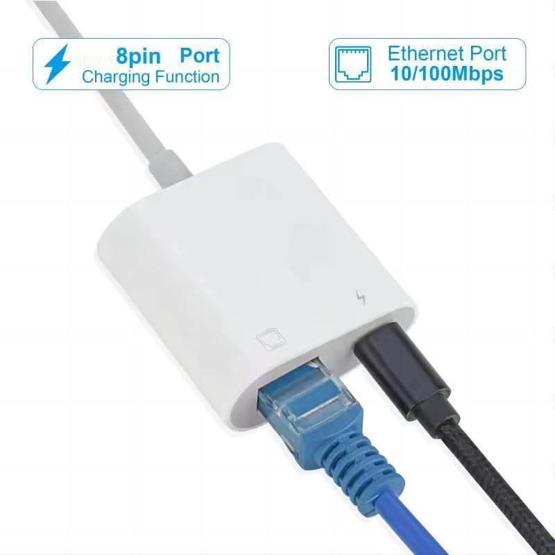 Image of FORIDA Lightning to Ethernet Adapter with Charging Port, 2-in-1 RJ45 LAN Network Adapter for iPhone, iPad & iPod, 100Mbps Wired Ethernet, Plug & Play, iOS Compatible