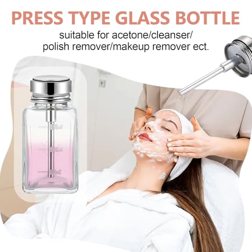 6 Oz/ 180 ml Clear Push down Pump Dispenser Glass Pump Bottle Dispenser with Metal Flip Cover Acetone Pump Dispenser Bottle Push down Press Container for Makeup Remover3