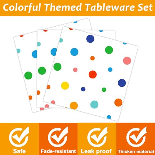 Image of 96 Pcs Colorful Birthday Plates and Napkins Colorful Polka Dots Party Supplies Rainbow Dots Tableware Table Decorations Confetti Plates Napkins Rainbow Party Favor for Baby Shower Wedding 24 Guests