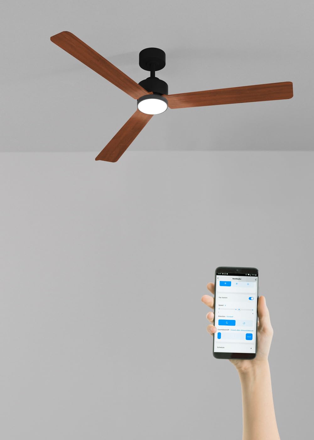 CREATE / WIND MODERN L/Ventilatore da soffitto con luce nero legno scuro con WiFi e telecomando / 40W, Luce LED 3 temperature, Ø152 cm, funzione estate-inverno