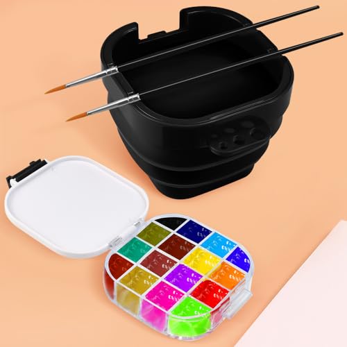 KLYNGTSK Paint Palette Box with Foldable Paint Brush Washer Portable Multifunctional travel paint palette box 16Wells Airtight Paint Saver with Lid for Acrylic Gouache Paint Watercolor Oil Paint,Black